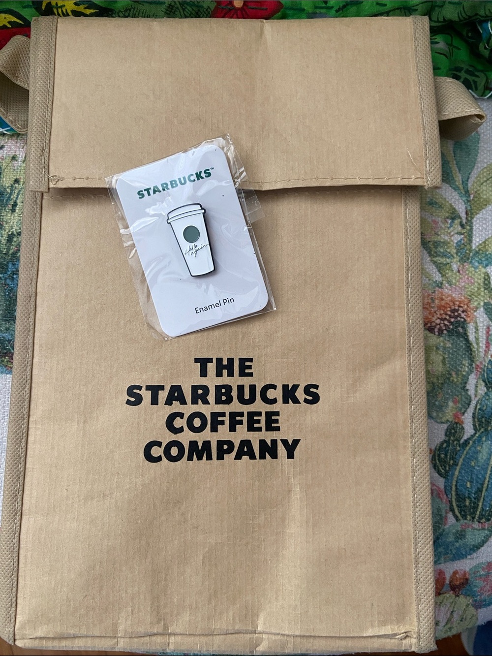 Starbucks Tan Lunch Tote with Enamel Pin NWT